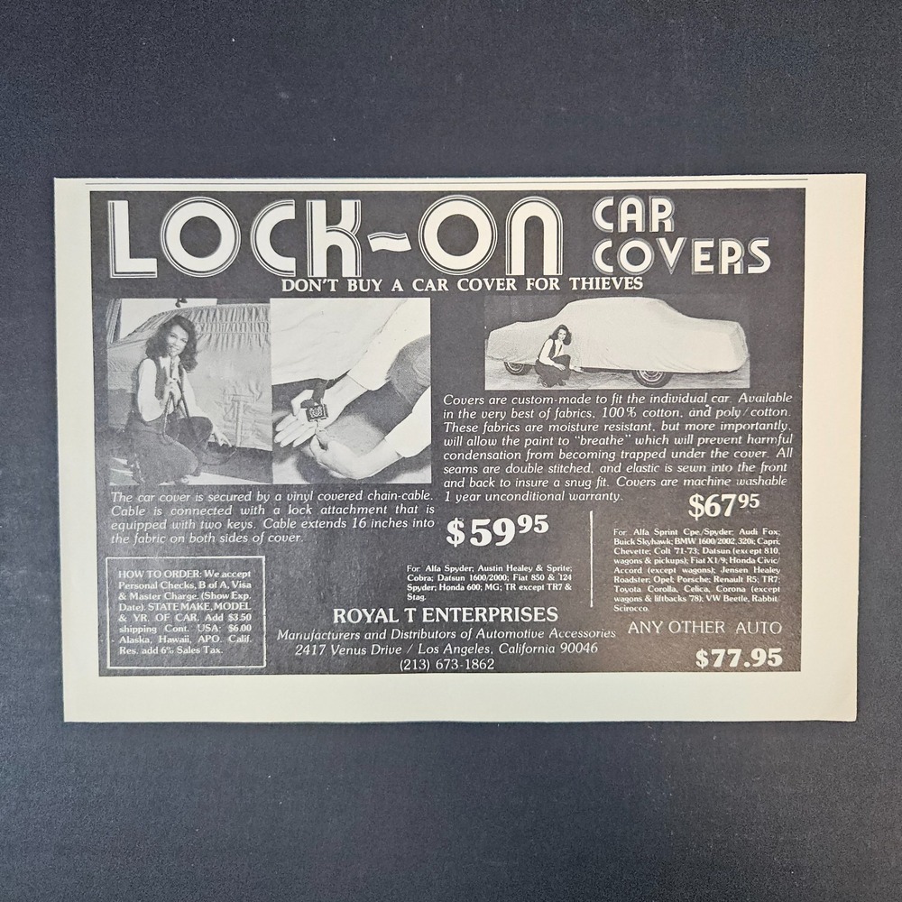 1979 Lock-On Car Covers Locking Chain Cable Vintage Print Ad Mancave Garage Shop